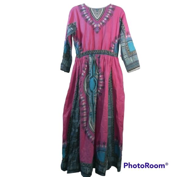 Rainbow Pink Boho Printed Cotton Maxi Dress Pockets Size OSFM - Picture 2 of 10
